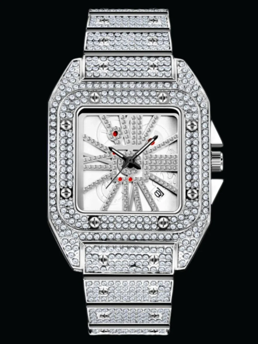 Square Special Red Dial Date Iced Out Diamond Watch, Luxury Hip Hop Watch Unisex